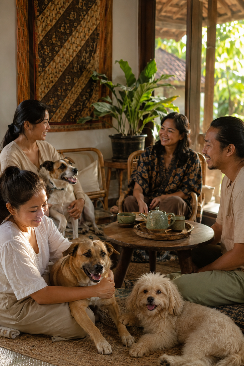 Illustration of Indonesian pawrents gathering at home with their dogs