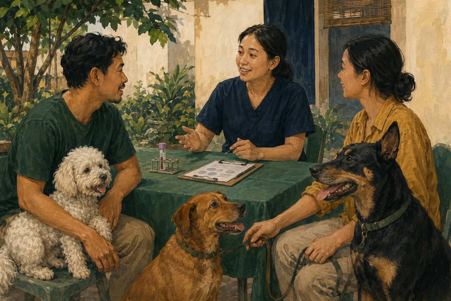 Illustration of three dogs and pawrents learning with a veterinarian